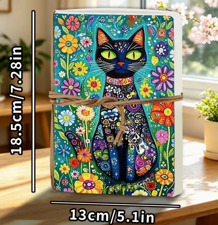 A colorful notebook or journal featuring a vibrant painted black cat surrounded by flowers, tied with a twine band, shown on a wooden table with size measurements overlaid: 18.5cm tall and 13cm wide.