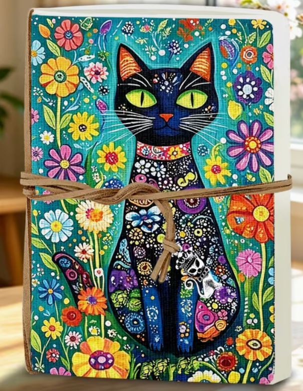 A colorful notebook or journal cover featuring a stylized black cat surrounded by bright flowers, shown standing on a wooden table with overlaid dimensions reading 18.5cm tall by 13cm wide.