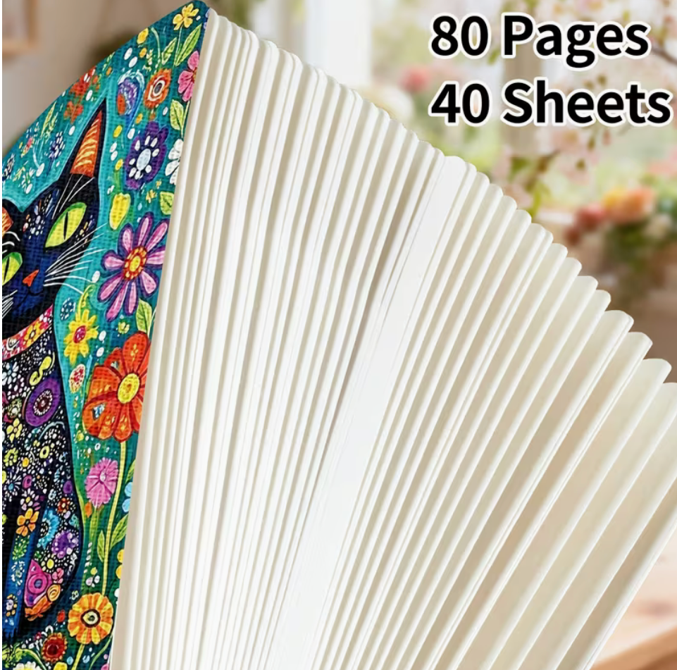 Open floral cat journal showing 40 sheets and 80 blank pages.