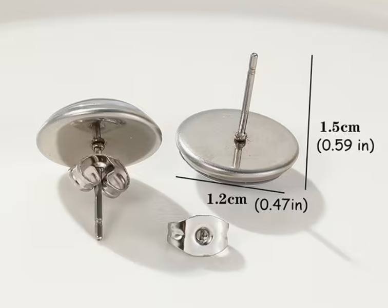 Silver-tone round glass stud earrings with post backs measuring approximately 0.59 inches tall and 0.47 inches wide