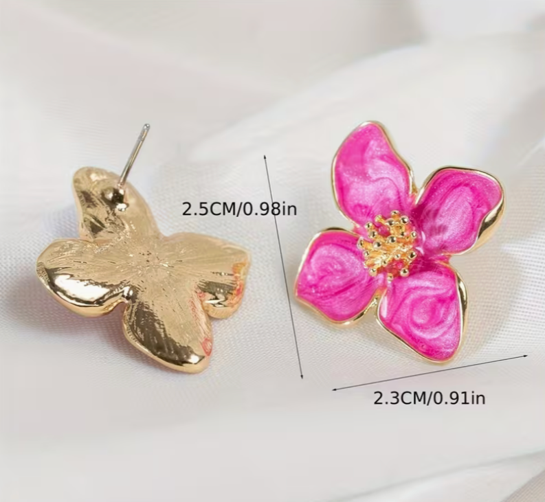 Flower stud earrings showing size dimensions and gold backing detail