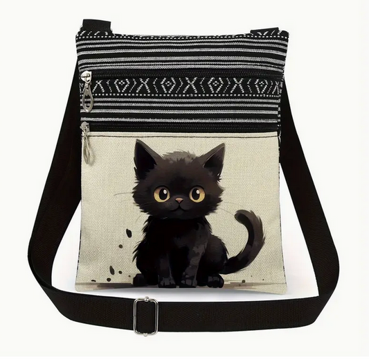 Black cat-themed crossbody bag with a striped pattern on a white background