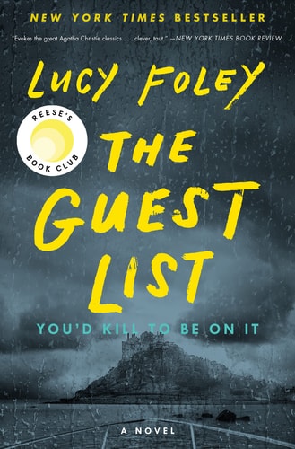 Cover of The Guest List by Lucy Foley showing a moody island house at dusk, stormy sea in the background, wedding guests arriving by boat—evoking glamour, tension and isolation.