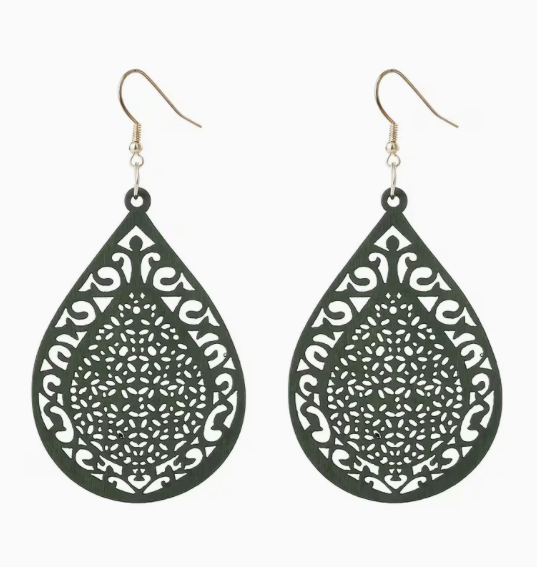 Forest green wooden teardrop dangle earrings featuring intricate hollow filigree cutout patterns and gold-tone fishhook ear wires