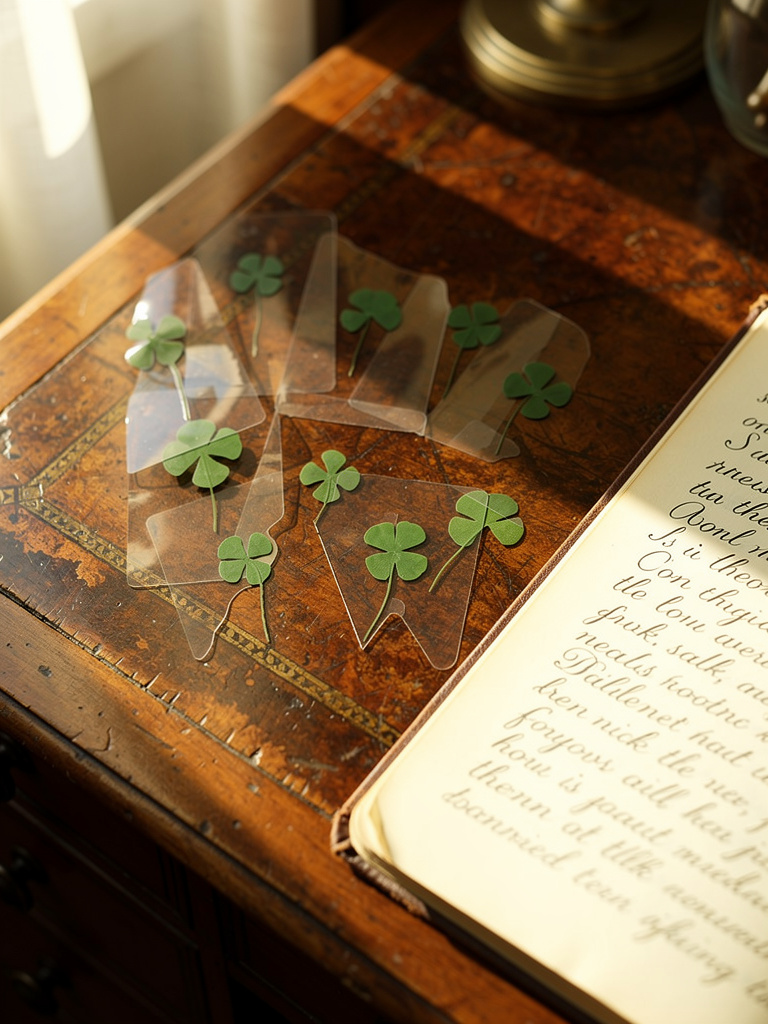 Laminated four leaf clover bookmarks arranged on a wooden table next to an open book