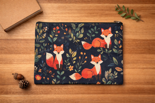 Fox woodland zipper pouch featuring a repeating fox and leafy forest pattern styled on a wooden flat lay with a notebook, pinecones, and greenery.