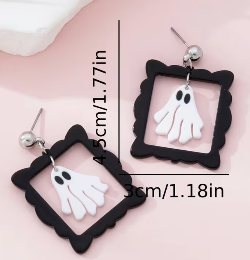 Framed ghost Halloween earrings measuring approximately 1.77 inches long and 1.18 inches wide.