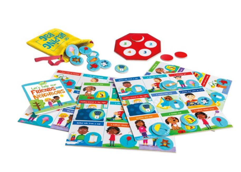 Educational children's toys and books on a white background