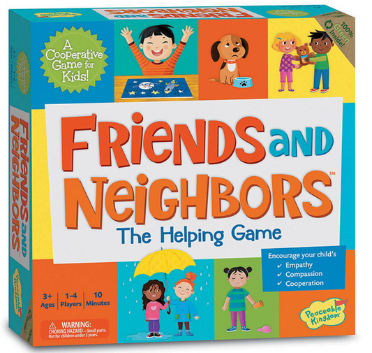 Board game box for 'Friends and Neighbors' with colorful illustrations on a white background