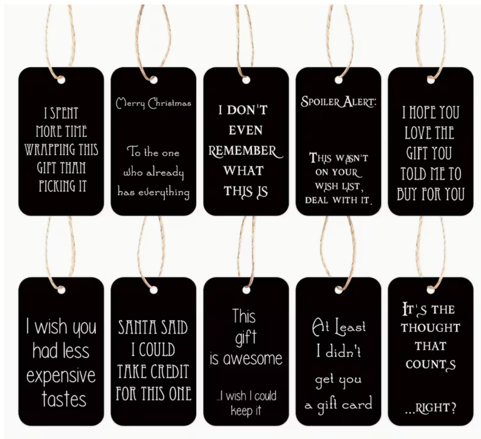 Funny black Christmas gift tags with sarcastic sayings for holiday gifts and White Elephant presents