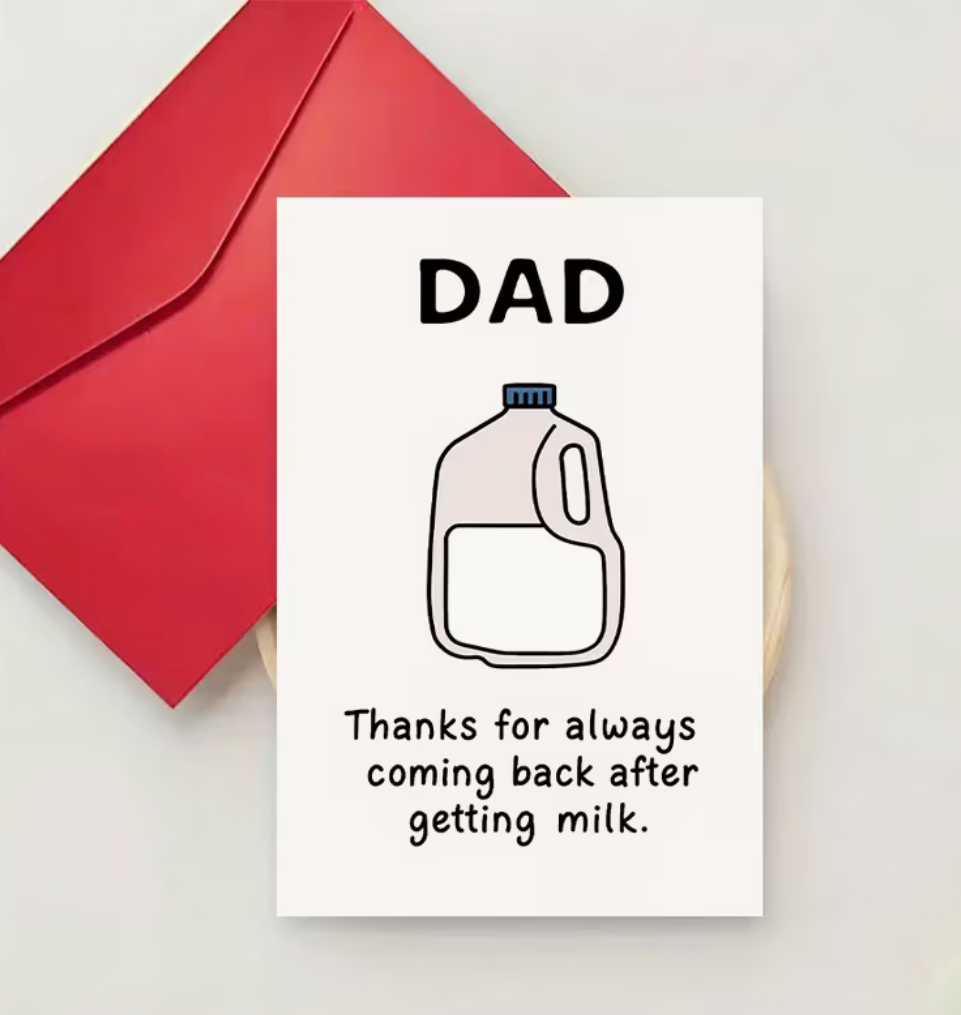 Funny Father’s Day card with milk jug illustration and humorous dad joke