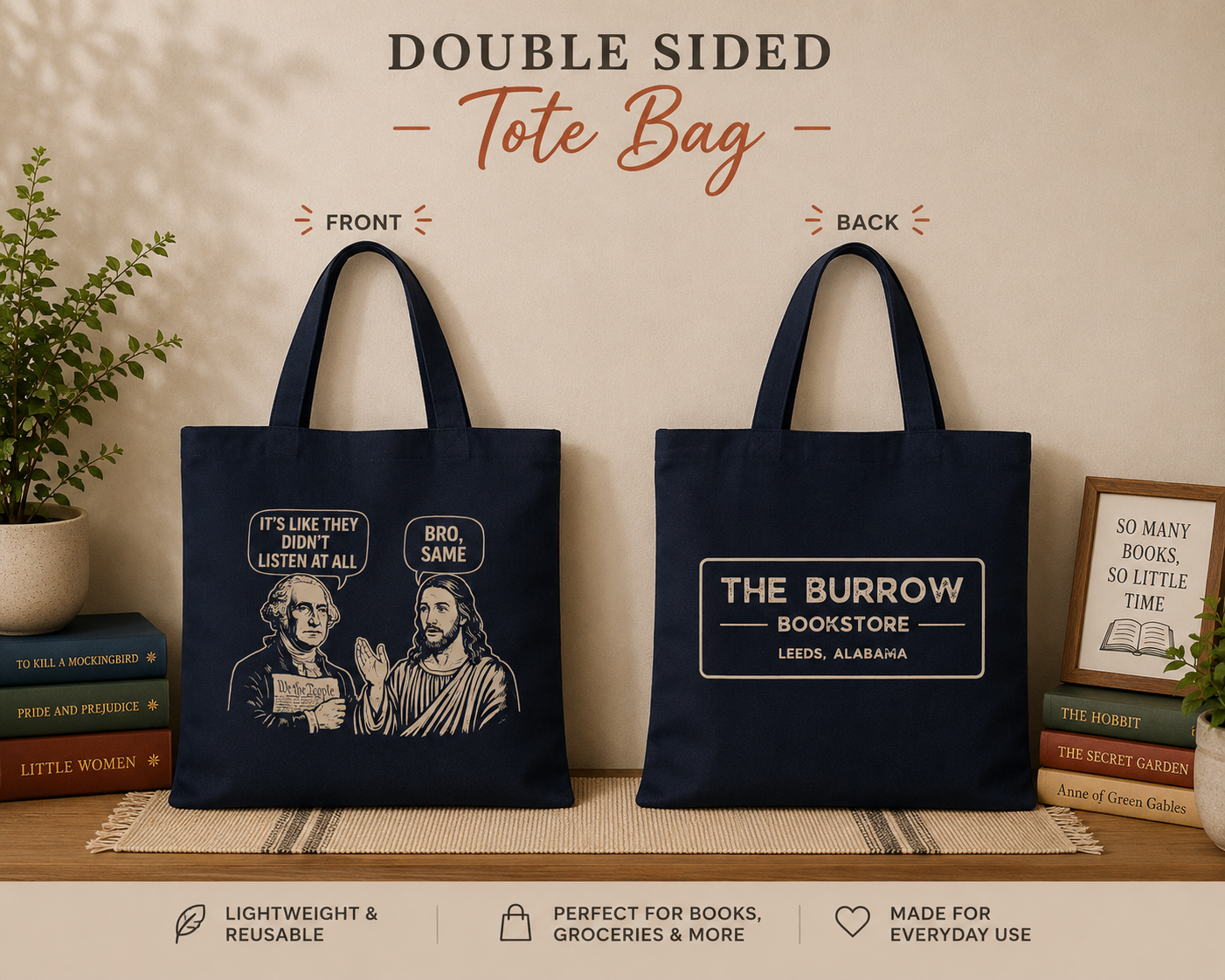 Navy blue double-sided canvas tote bag featuring a humorous George Washington and Jesus conversation design on the front and The Burrow Bookstore logo on the back.