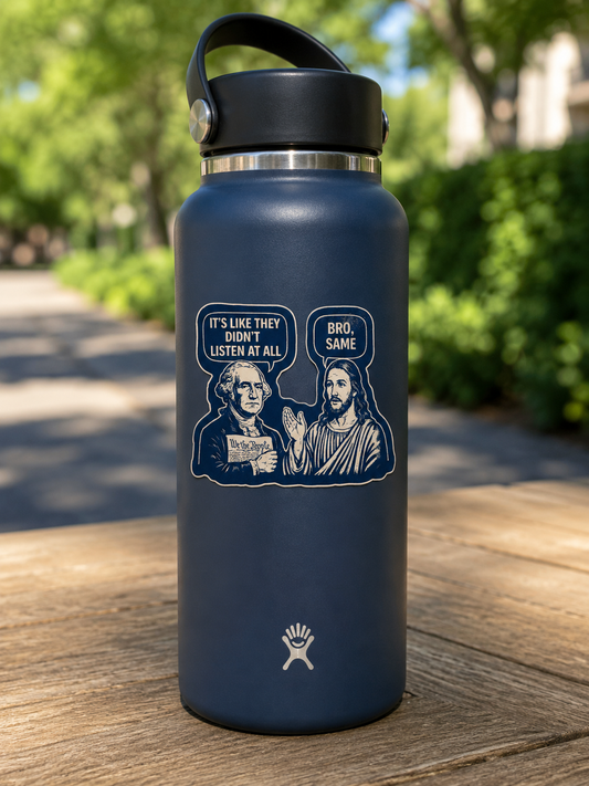 Navy blue water bottle with graphic design on a wooden surface outdoors