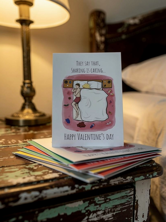 Funny Valentine’s Day card with illustrated couple in bed and humorous sharing is caring message, displayed on a bedside table