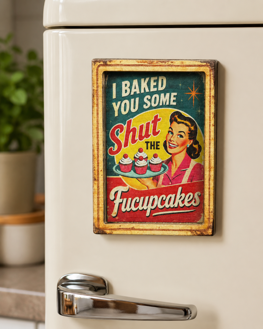 Funny retro refrigerator magnet featuring a vintage baker holding cupcakes with a sarcastic baking saying.