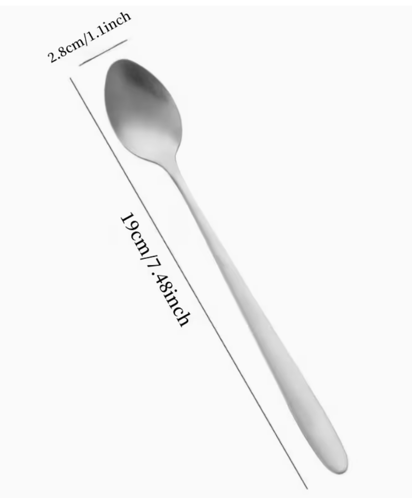 full-length stainless steel spoon showing 7.48-inch size measurement