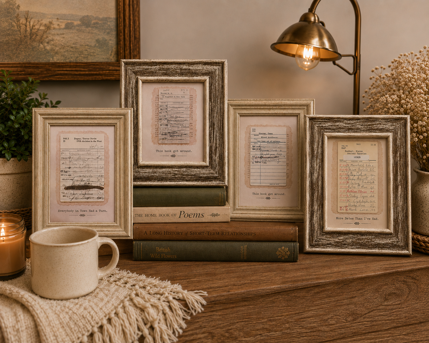 Funny framed vintage-style library card art with reproduction checkout cards and humorous bookish sayings