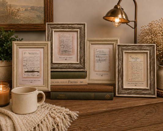 Funny framed vintage-style library card art with reproduction checkout cards and humorous bookish sayings
