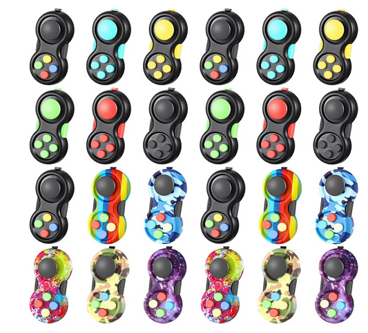 Game controller style fidget toy available in multiple colors and patterns including rainbow, camouflage, galaxy, and solid colors