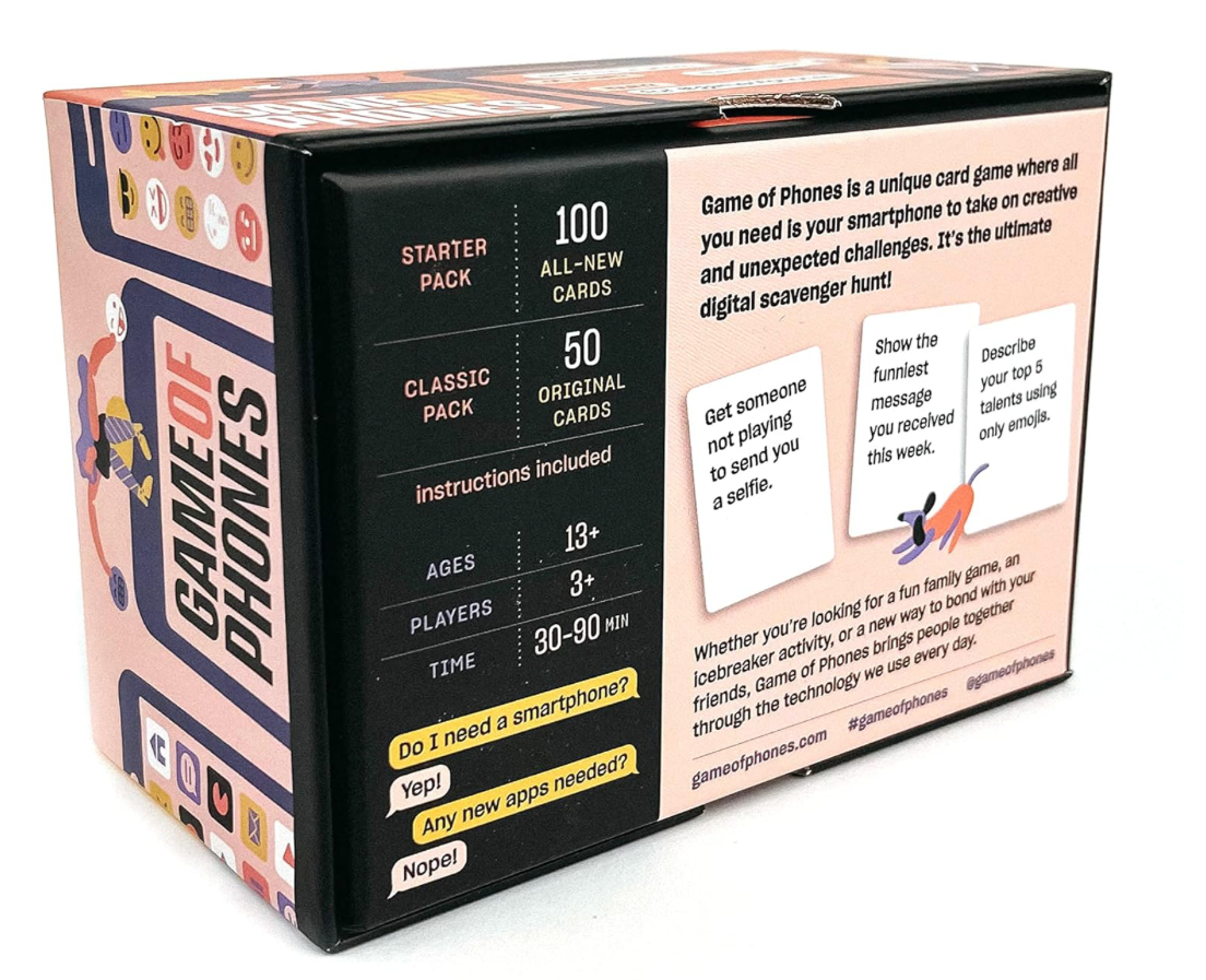 Back of Game of Phones box showing game details and instructions