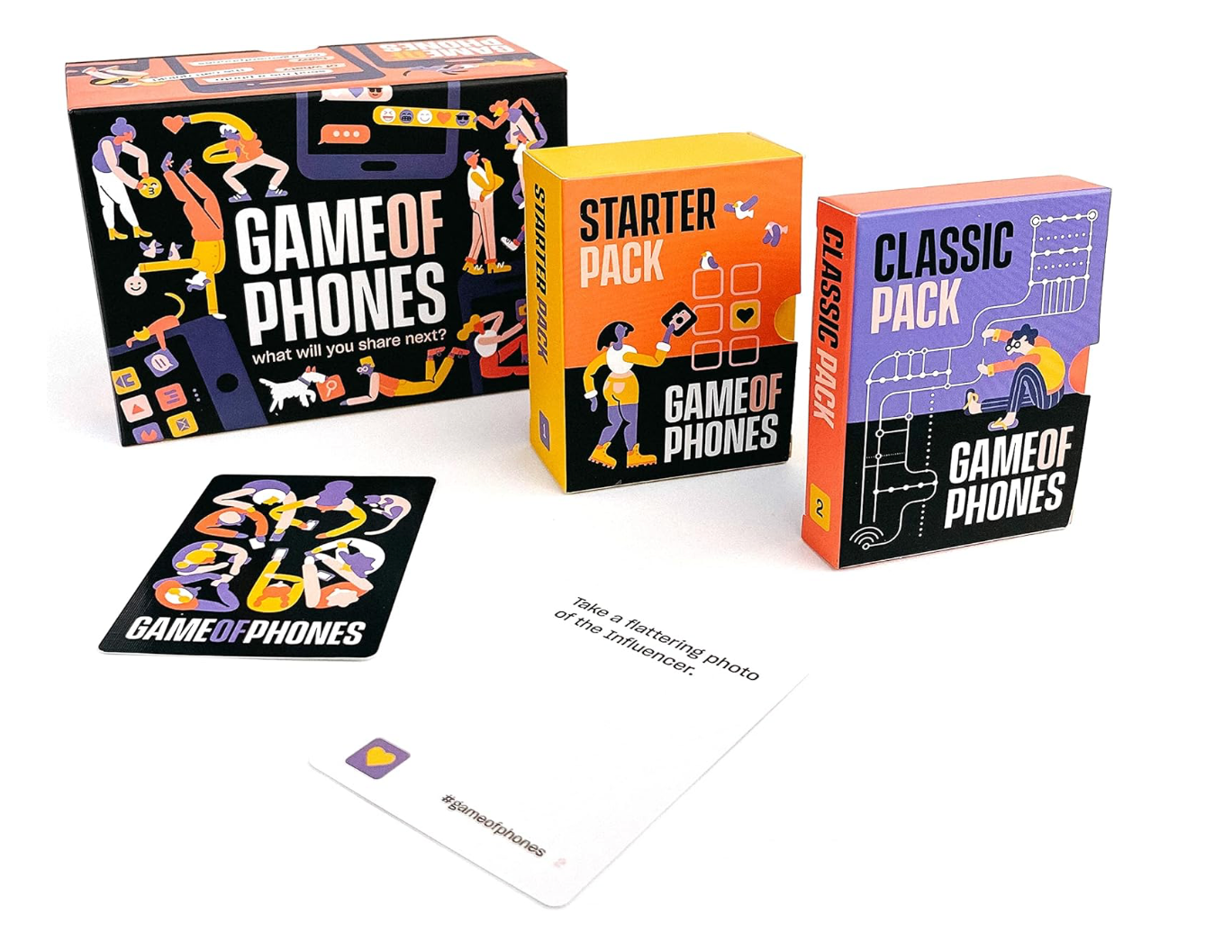 Game of Phones card game box with starter and classic packs displayed