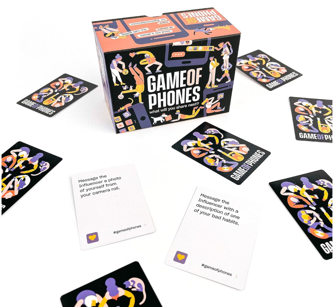 Game of Phones card game cards spread out with prompt examples
