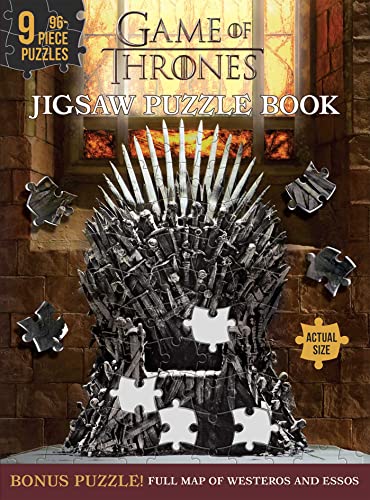 The Game of Thrones Jigsaw Puzzle Book, featuring a hardcover design with scenes from the HBO series and nine 96-piece puzzles.
