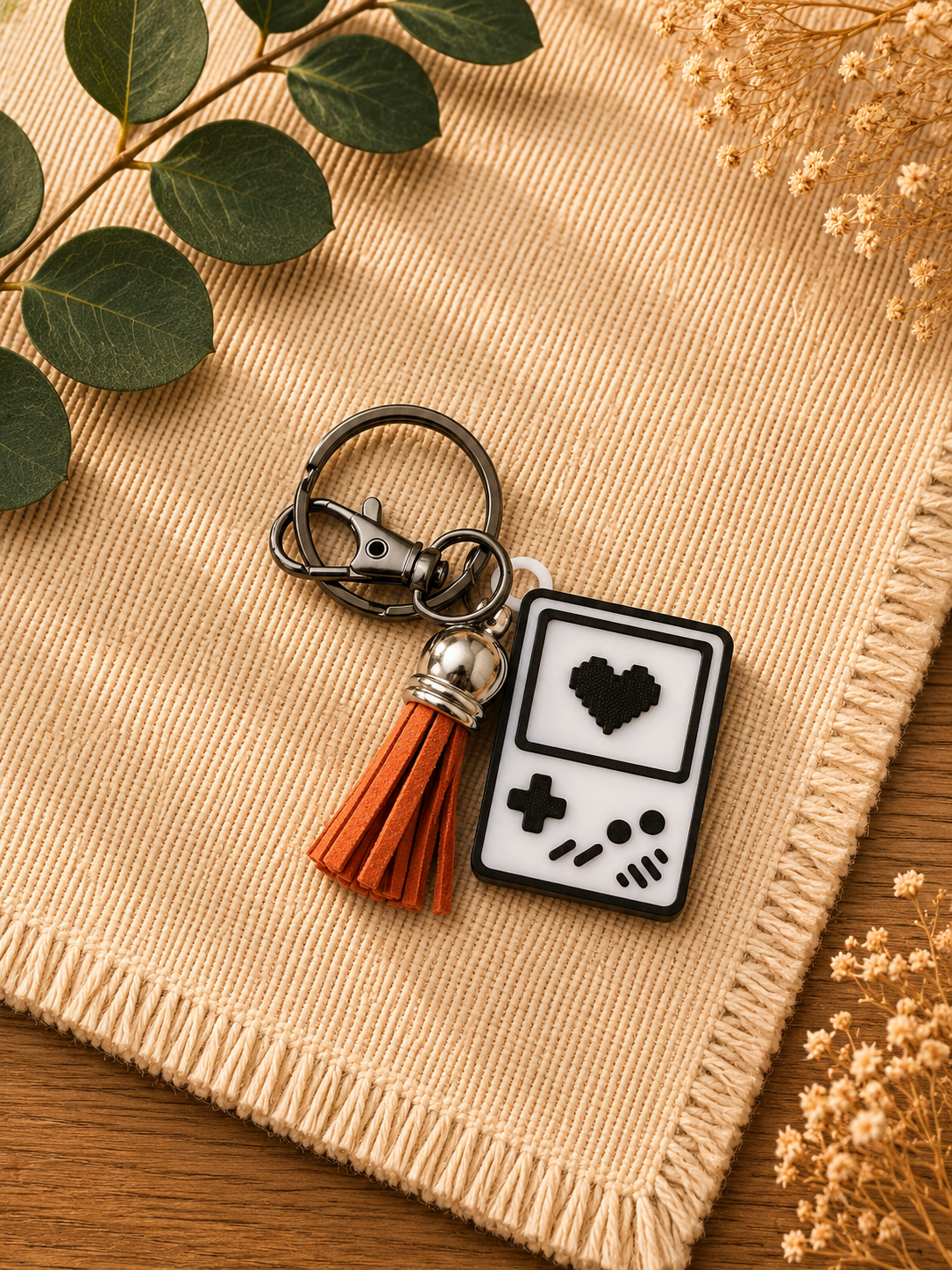 3D printed gamer dad keychain with pixel heart screen and orange tassel displayed beside greenery and dried florals