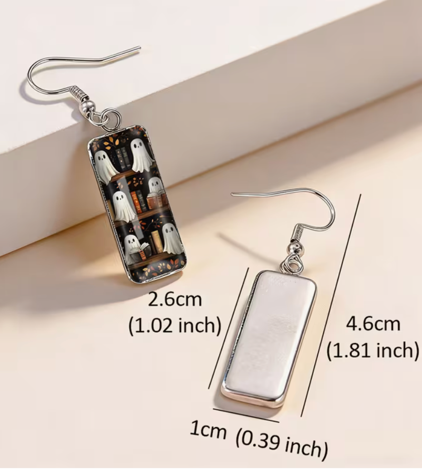 Bookish ghost bookshelf rectangular earring with silver-tone hook measuring approximately 1.81 inches long