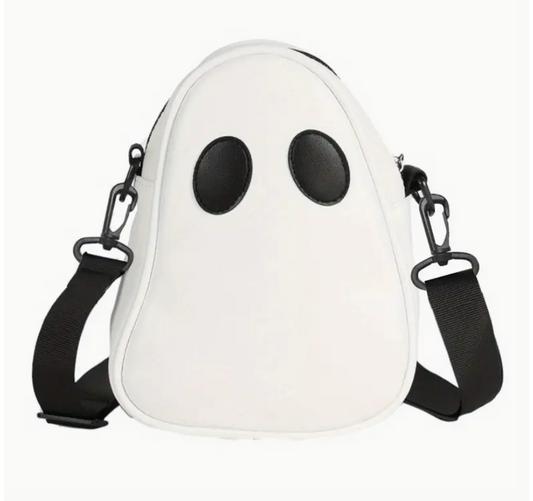 Ghost-shaped bag with black eyes on a white background