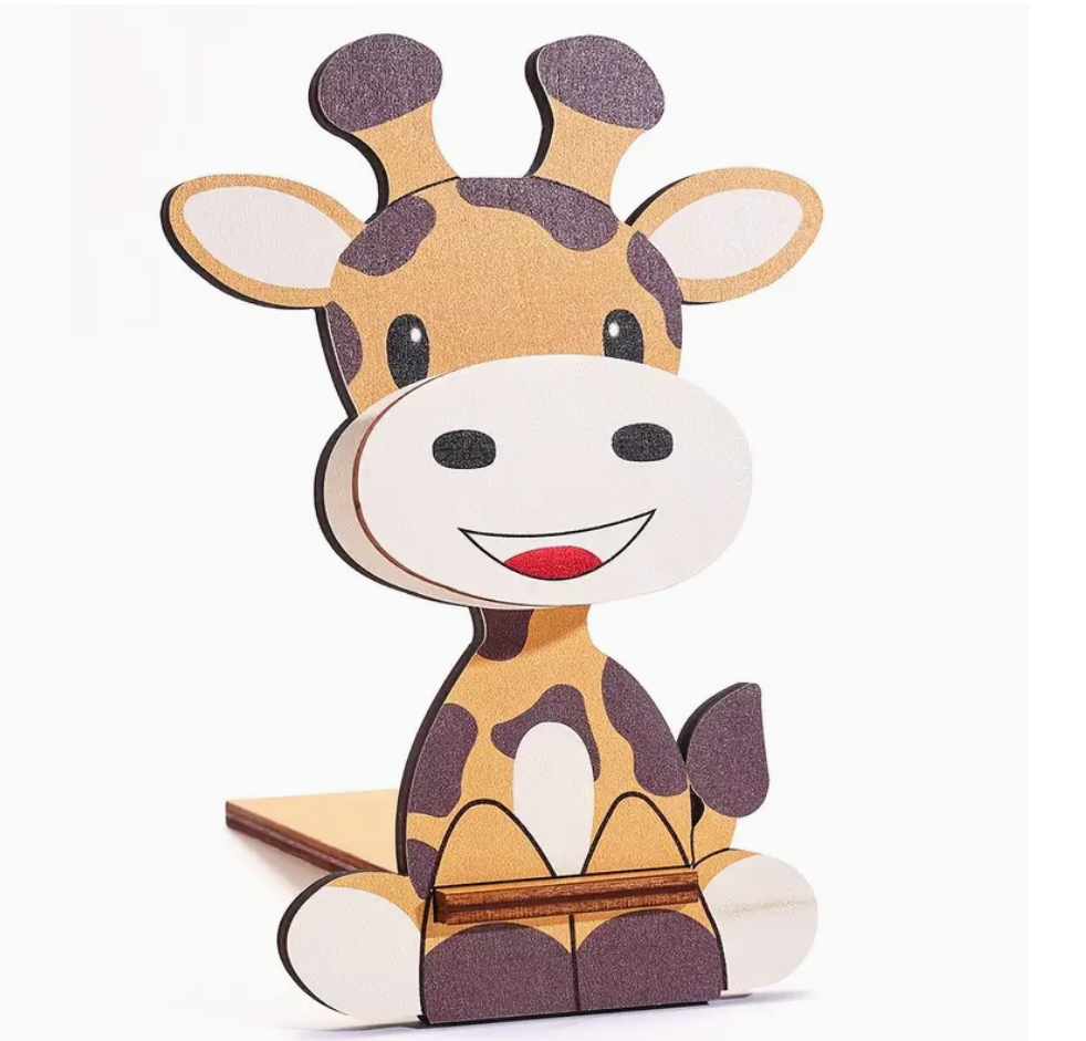 Giraffe-shaped eyeglass holder stand displaying a pair of glasses.