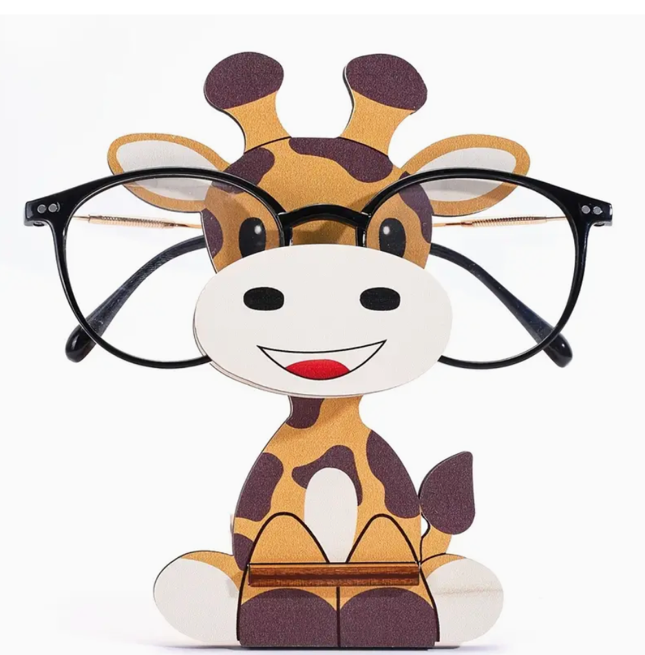 Giraffe-shaped eyeglass holder stand displaying a pair of glasses.