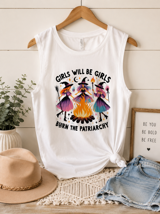 White women's muscle tank featuring colorful witches dancing around a bonfire with the phrase "Girls Will Be Girls Burn the Patriarchy."