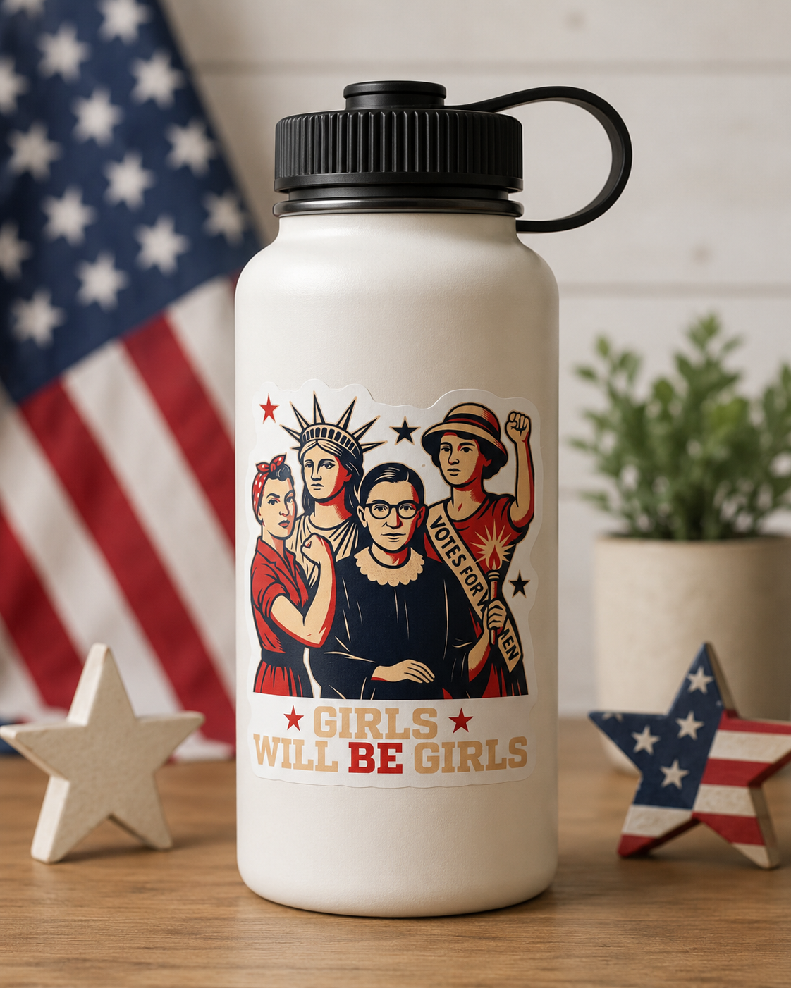 White water bottle with graphic design and 'Girls Will Be Girls' text, American flag in background