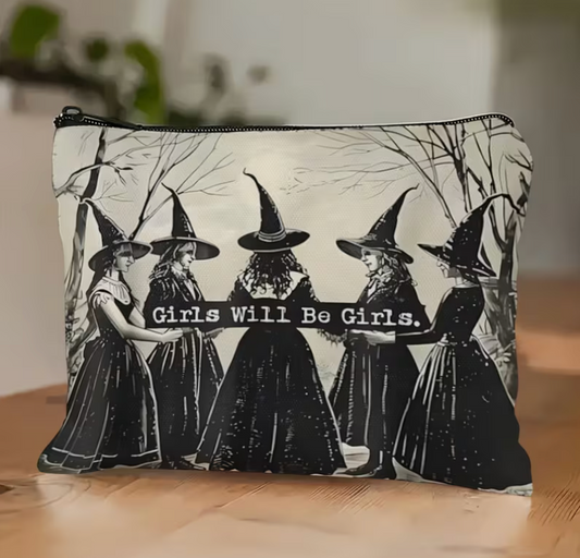 Girls Will Be Girls black and cream zipper pouch featuring five vintage gothic witches holding hands beneath bare tree branches