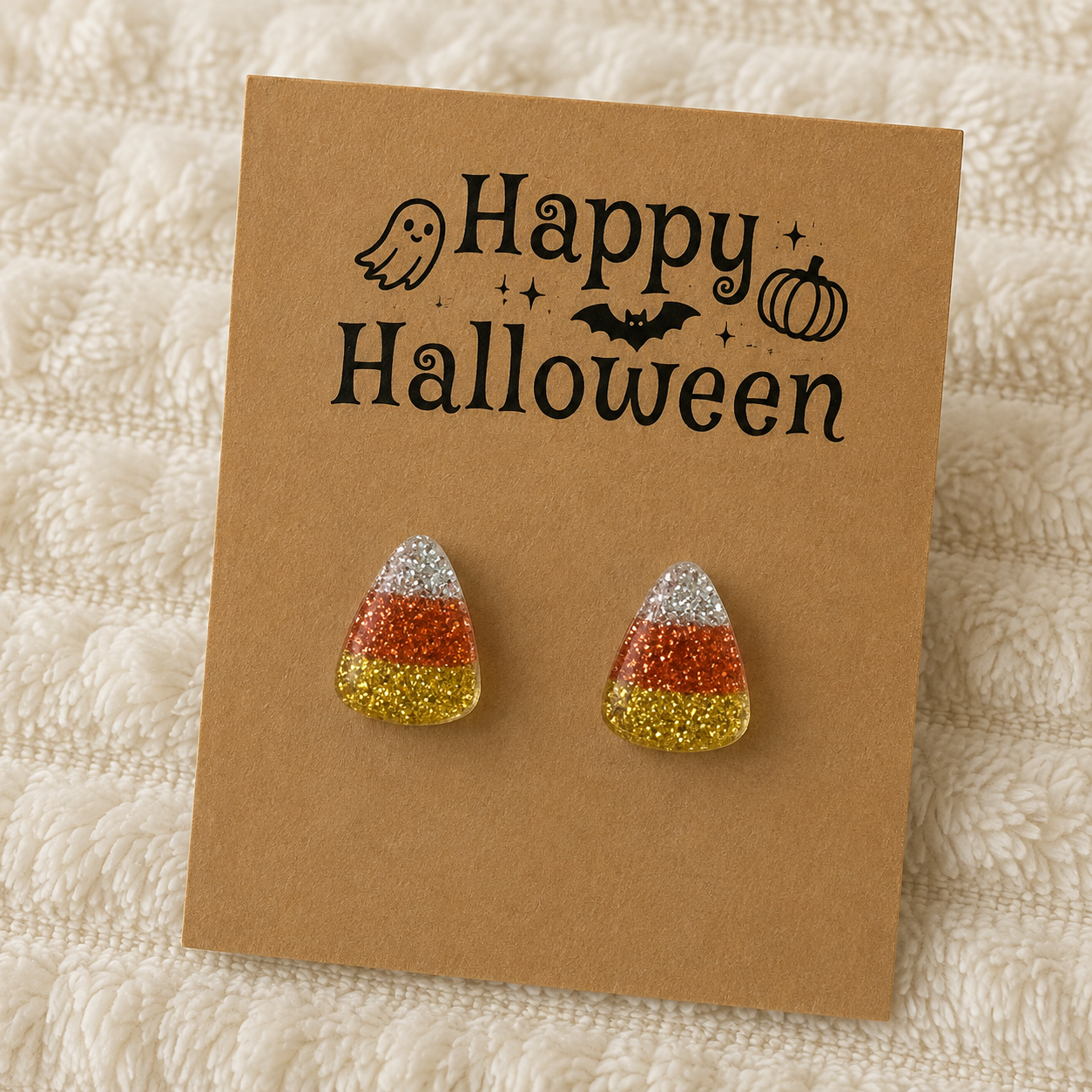 Glitter candy corn stud earrings with white, orange and yellow stripes displayed on a Halloween earring card.