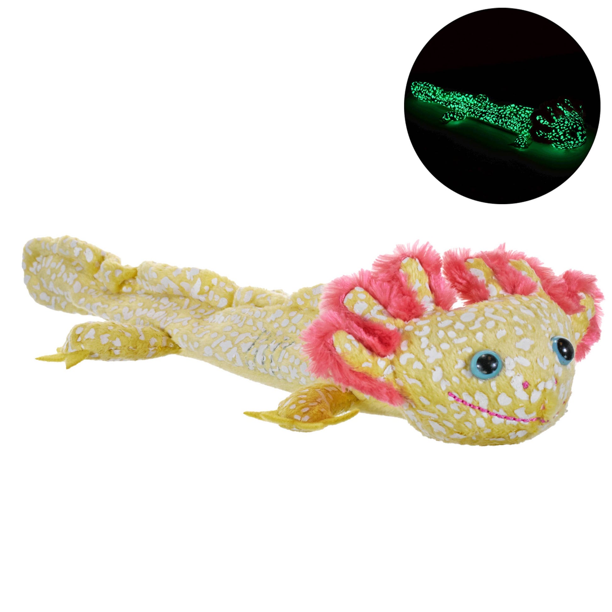 Yellow and pink Wild Republic axolotl stuffed animal with inset showing its green glow-in-the-dark pattern.