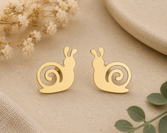 Small gold snail stud earrings with spiral shell design displayed on a neutral background with soft floral accents