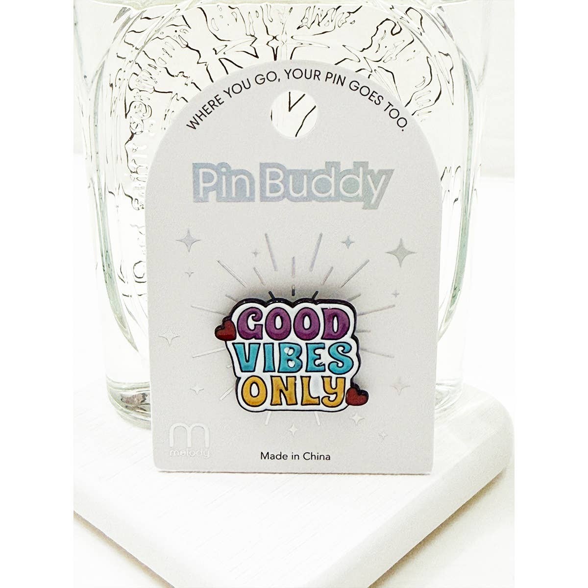Good Vibes Only enamel pin with colorful retro lettering