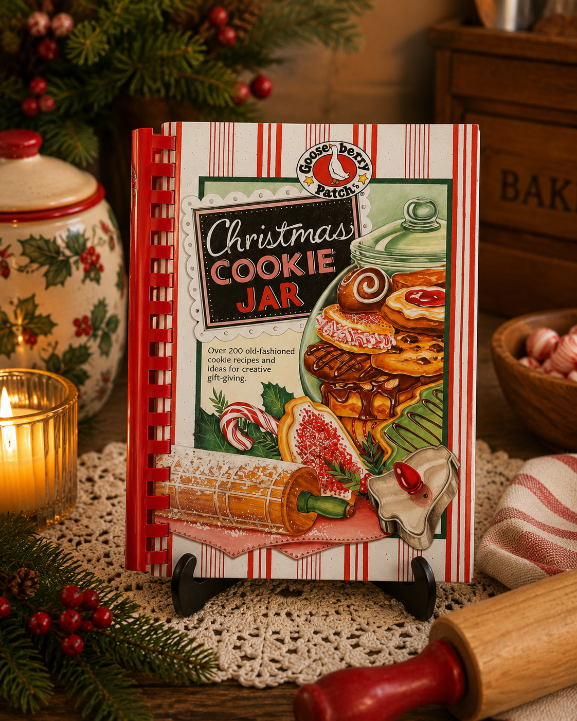 Cover of Christmas Cookie Jar by Gooseberry Patch, a 2008 spiral-bound hardcover cookbook featuring Christmas cookie recipes, holiday baking, homemade candies, festive desserts, and seasonal baking inspiration.