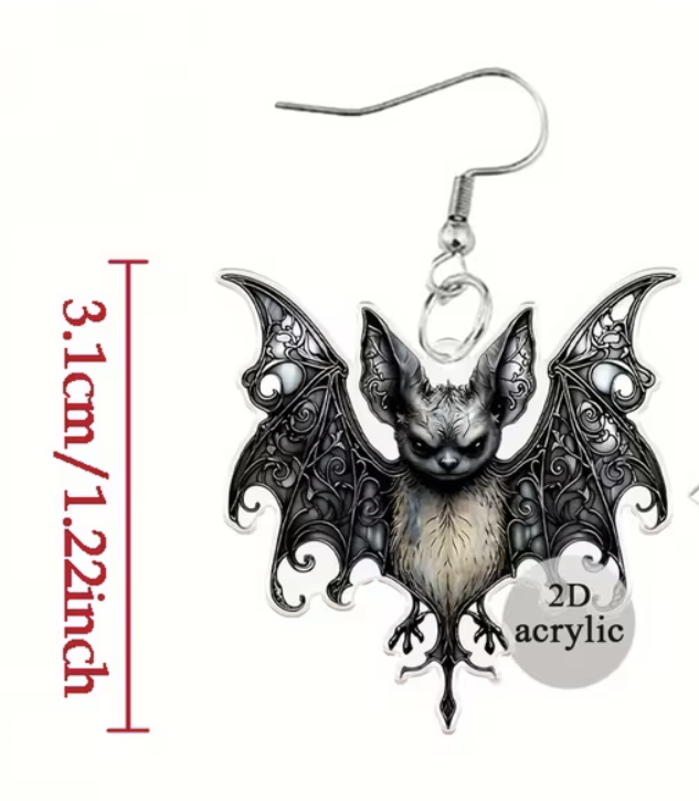 A bat-shaped acrylic dangle earring with a silver fishhook ear wire, shown on a plain white background with red text indicating 3.1 cm height and a gray circle noting 2D acrylic.