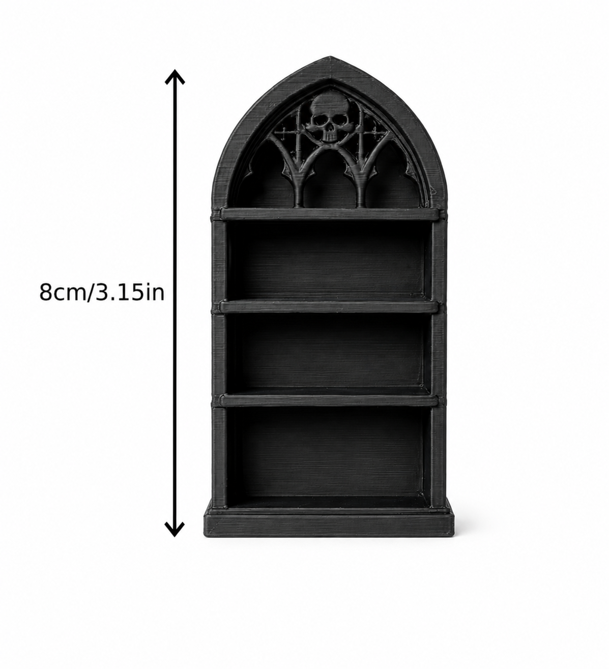Black Gothic miniature bookshelf with arched skull detail and open shelves for dollhouse books, dark academia décor, miniature scenes, and collectibles.