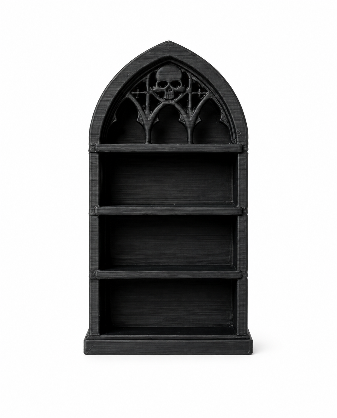 Black Gothic miniature bookshelf with arched skull detail and open shelves for dollhouse books, dark academia décor, miniature scenes, and collectibles.