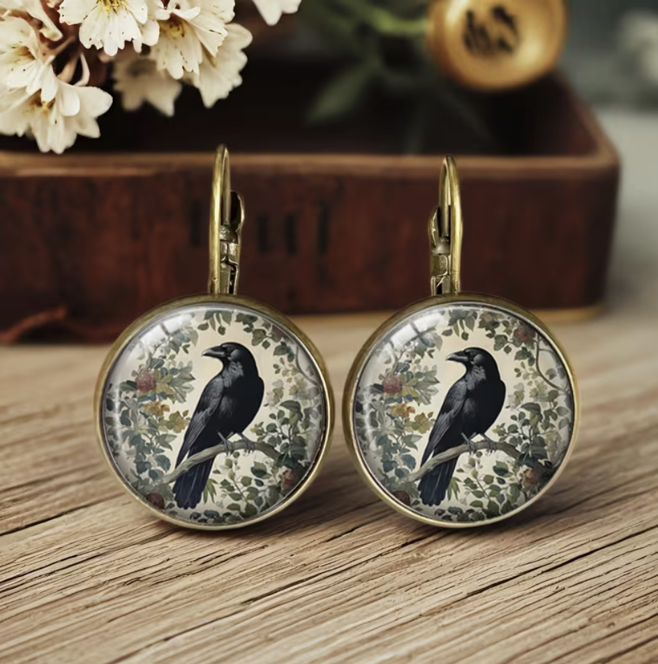 Gothic raven earrings with blackbird and floral design in antique bronze-tone settings