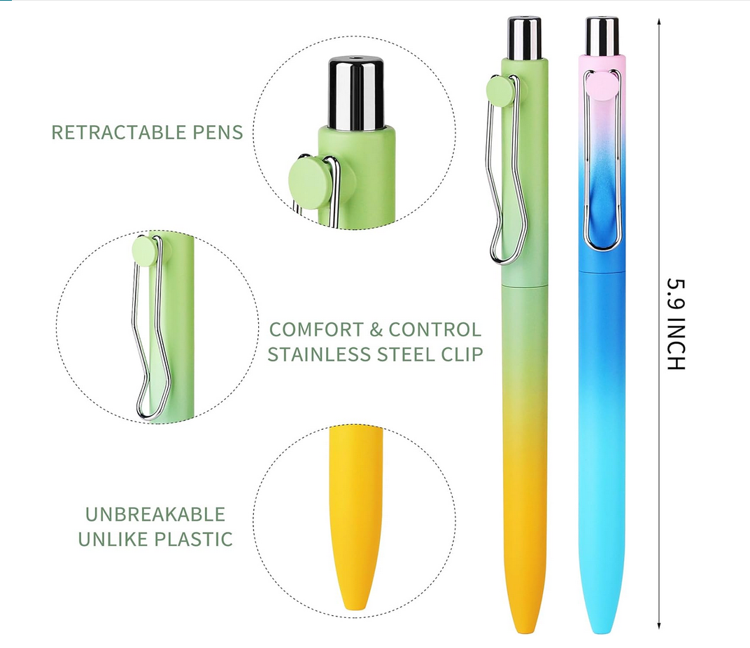 three gradient retractable pens with stainless steel clips and soft matte finish