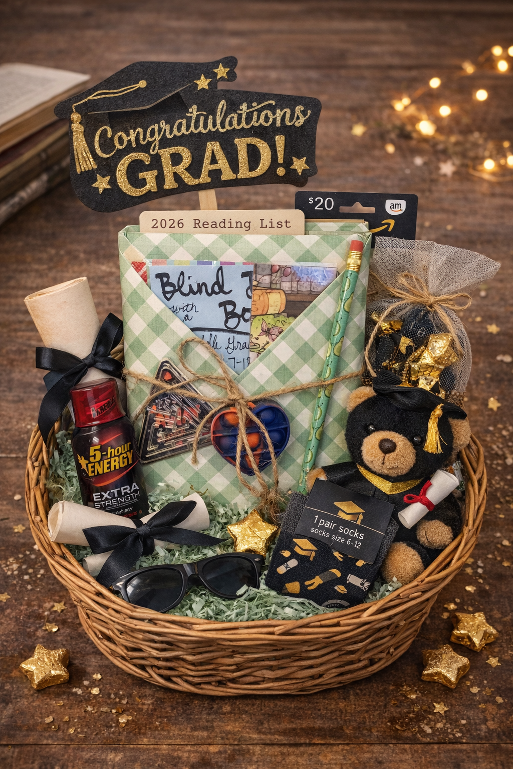Graduation gift basket with 'Congratulations GRAD!' sign, books, and a teddy bear on a wooden surface.