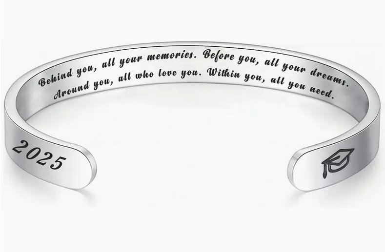 Stainless steel graduation bracelet with a graduation cap and 2025 engraved on the outside, and an inspirational quote inside for the Class of 2025.
