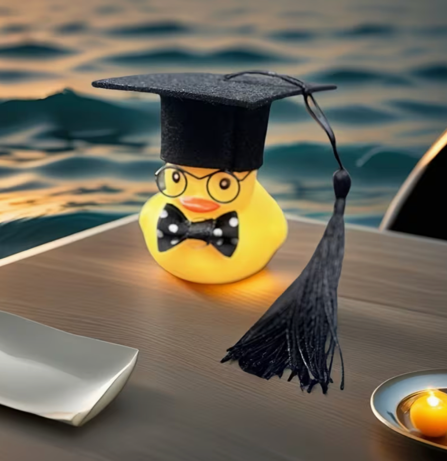 Yellow rubber duck wearing a graduation cap and tassel on a wooden surface with water in the background