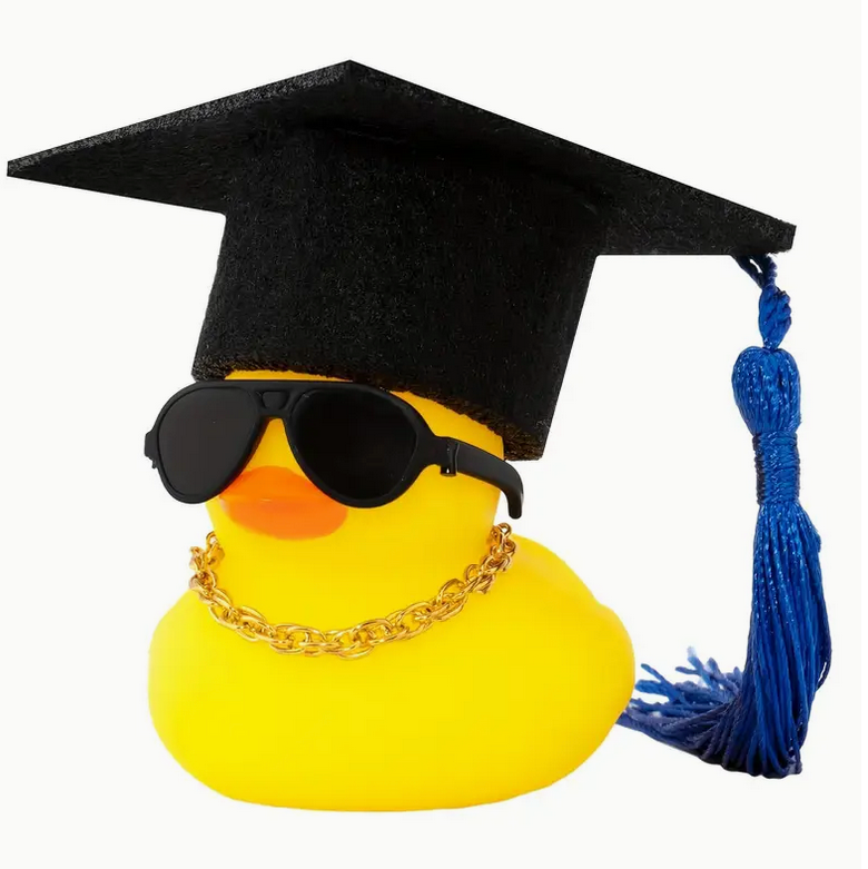 Rubber ducky wearing sunglasses, a gold chain, and a graduation cap with tassel—perfect as a funny graduation gift or party decoration.