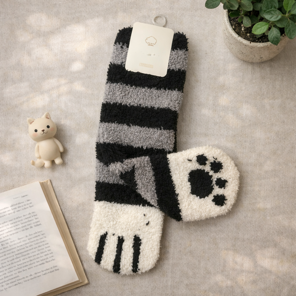 Flat lay of gray and black striped fuzzy cat paw socks with paw pad detail and claw toe markings, styled with a small cat figurine, open book, and plant on a neutral fabric background.